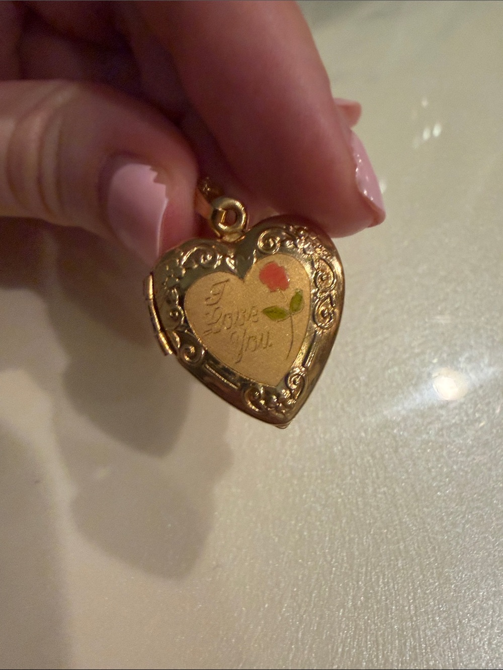 NWOT 14K Yellow Gold Heart Locket Necklace with Tiny Pink Rose Accent - Picture 3 of 8